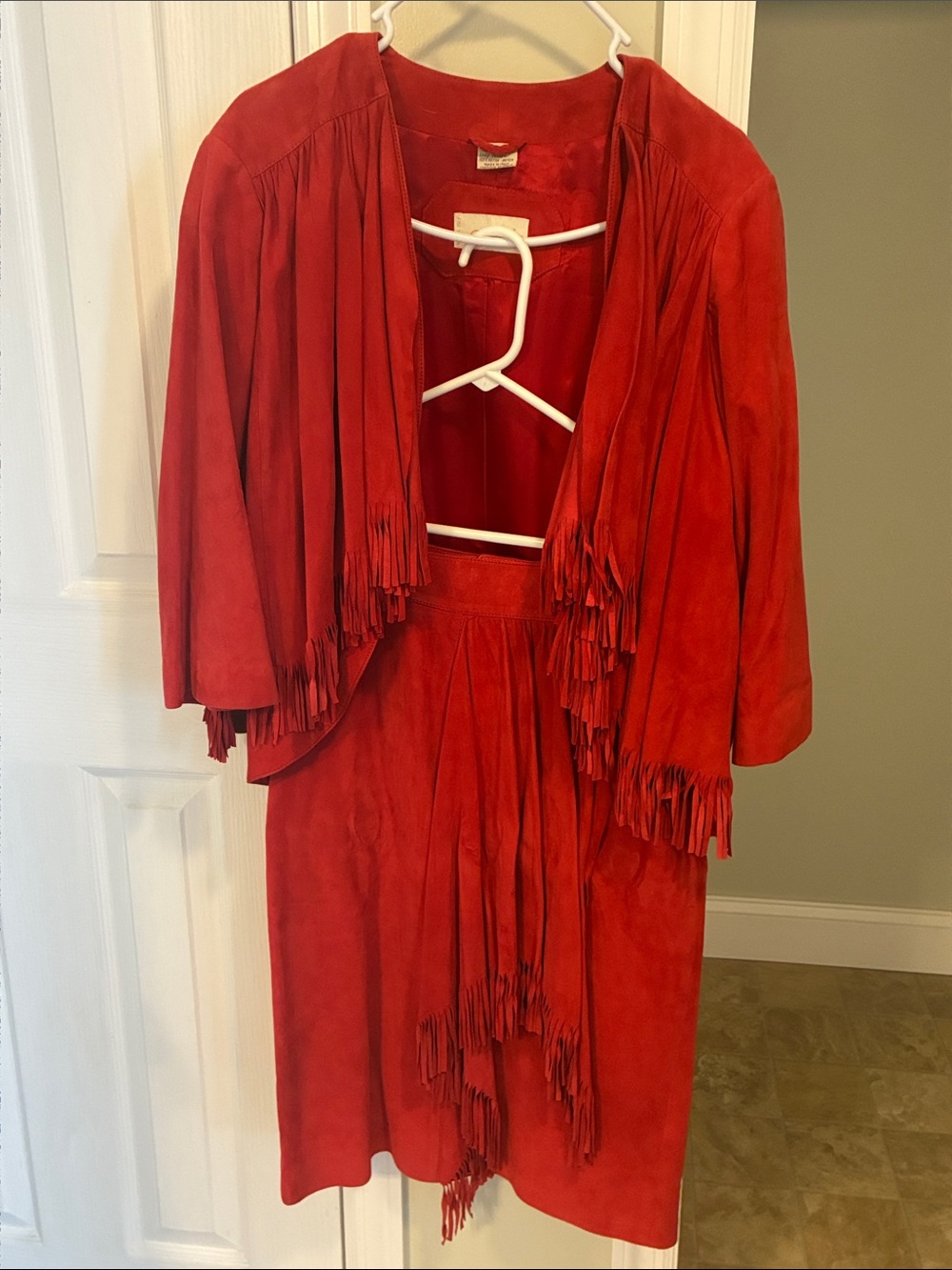 Red Fringe Suede Women’s Skirt and Jacket Set
